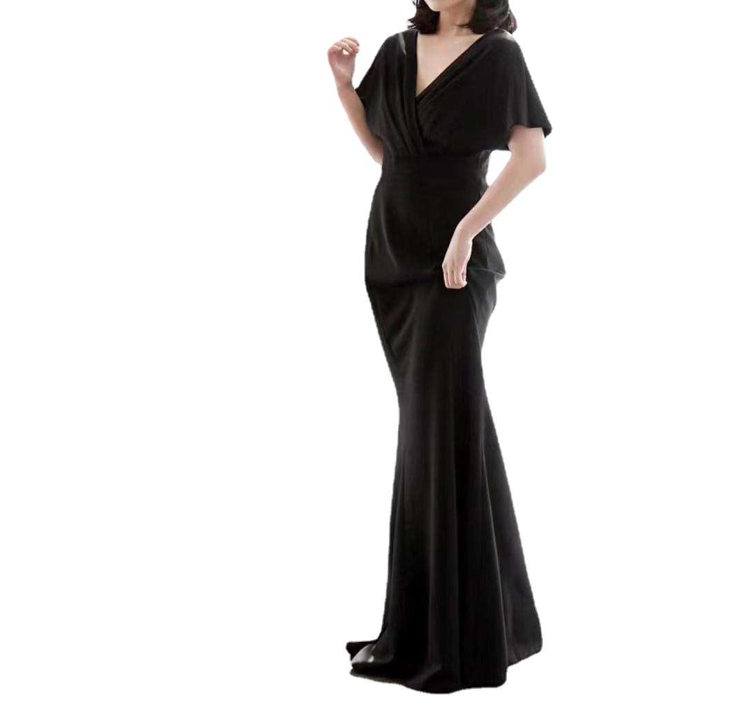 Comercio exterior europeo y americano Amazon AliExpress deseo vestido de noche de las mujeres negro v-cuello largo piso-longitud elegante vestido de noche