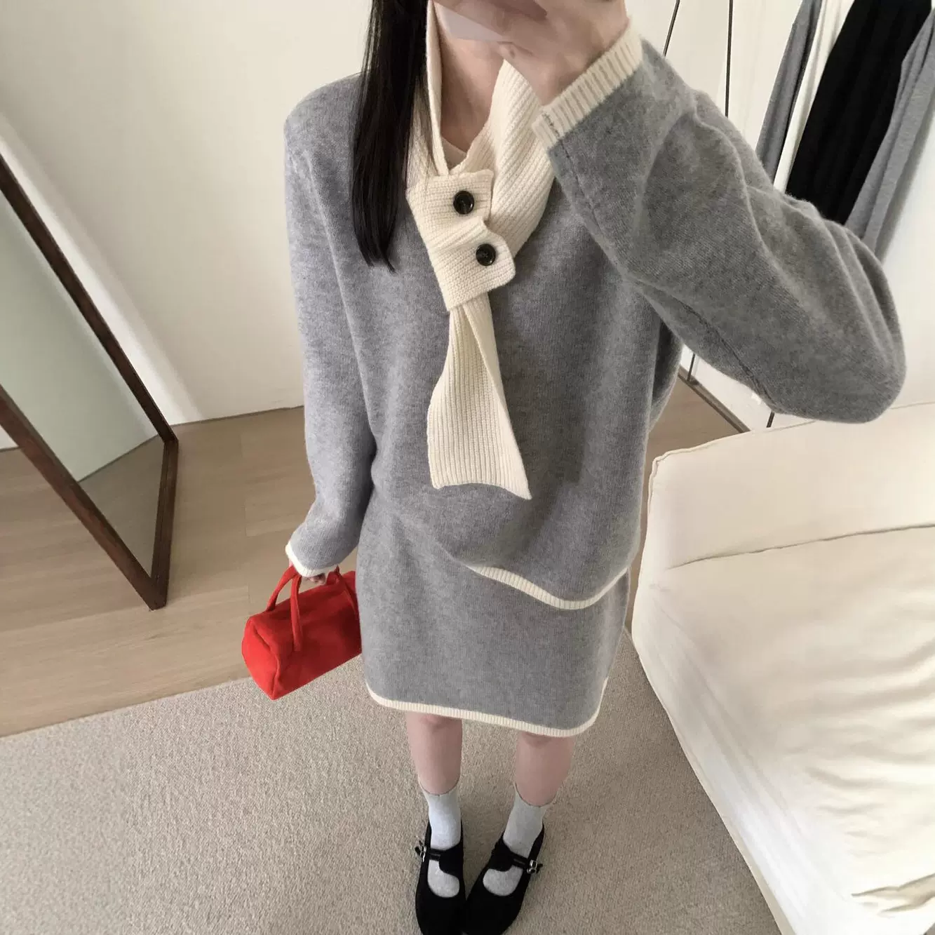 秋冬韩系慵懒风撞色三件套小香风毛衣针织衫＋半身短裙套装配围巾