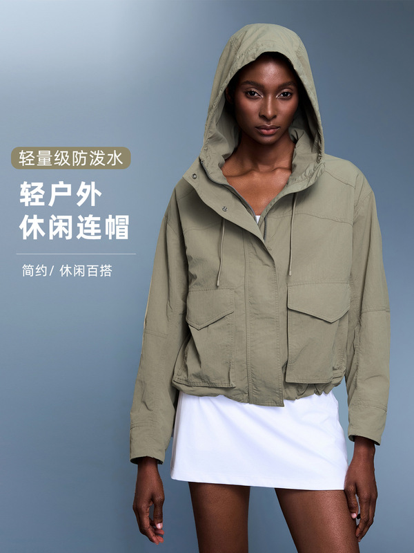 户外抽绳连帽短款风衣宽松透气大口袋运动登山服外套女秋季D25126|undefined