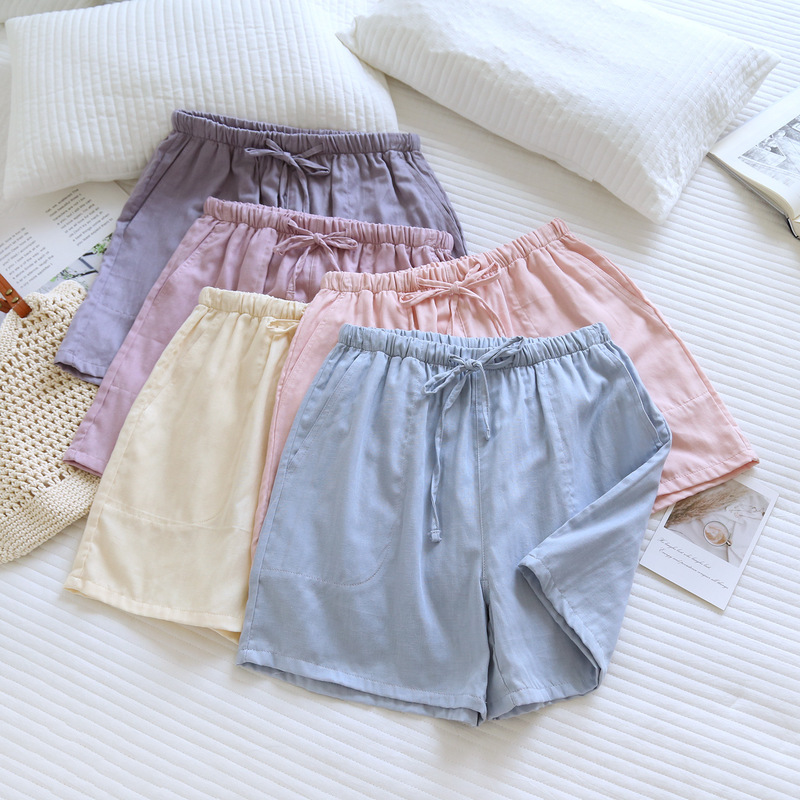 Pure Cotton Gauze Spring and Summer Women's Pajama Shorts, Thin All-Cotton Five-Point Beach Shorts, 2025 New Solid Color Home Pants Pure Cotton Gauze Spring and Summer Women's Pajama Shorts, Thin All-Cotton Five-Point Beach Shorts, 2025 New Solid Color Home Pants