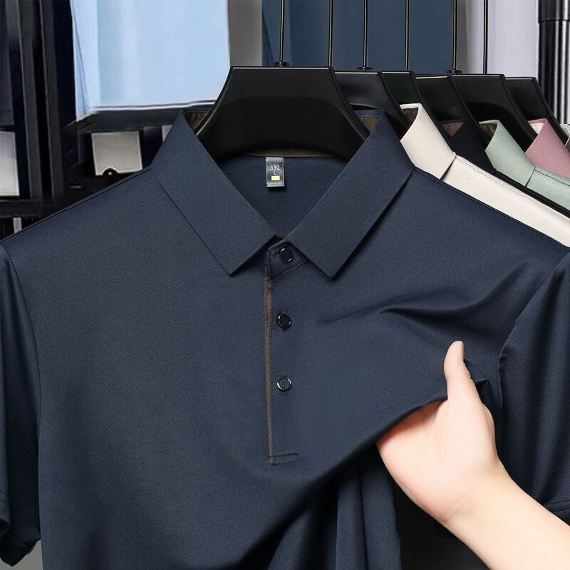 Ice Silk Solid Color Placket Washable Men's T-shirt 2025 Spring New Dad Business Casual Short-sleeved Polo Shirt