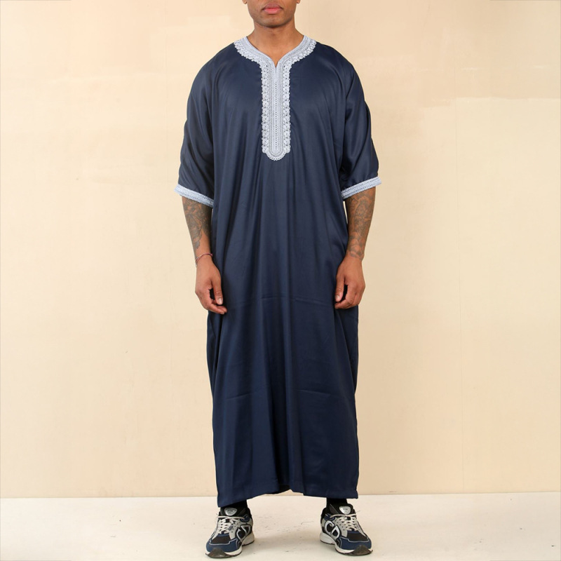 Traditional Navy Blue Men's Style Embroidered Robe with Side Pockets for Moroccan Men, in Stock Traditional Navy Blue Men's Style Embroidered Robe with Side Pockets for Moroccan Men, in Stock