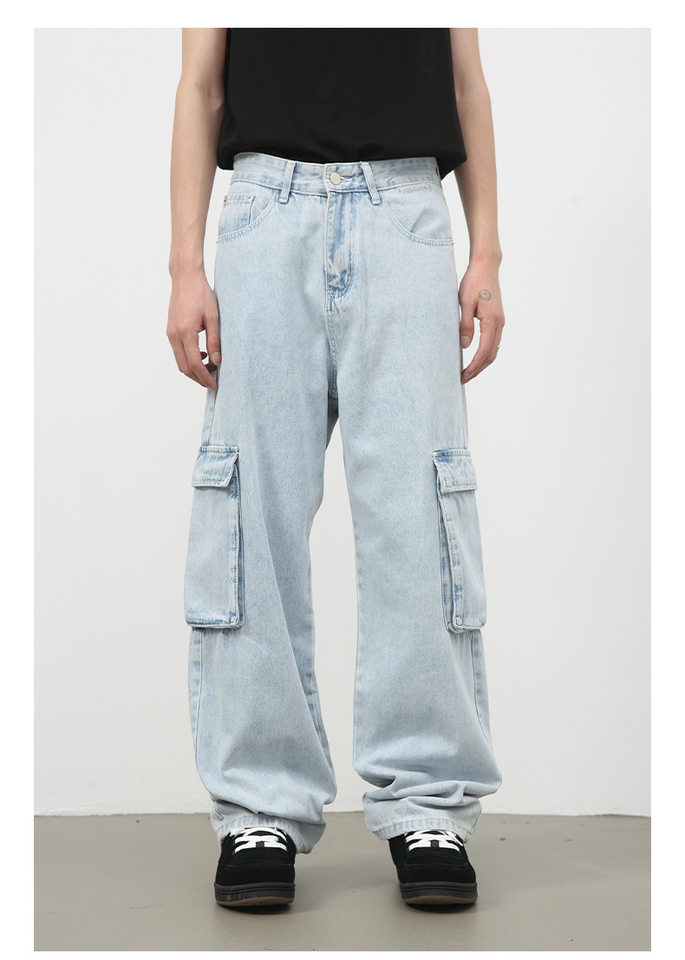 Quần jean nam ống rộng ống đứng dáng suông, vải denim giặt cổ điển, nhiều túi — Màu xanh lam chi tiết 6