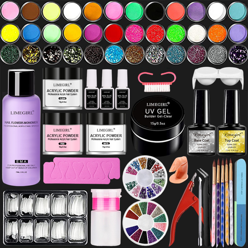 Set de Práctica de Uñas Francesas de Amazon, Polvo de Cristal, Líquido Cristalino, Blanco, 42 Colores, Capa Base, Capa Superior