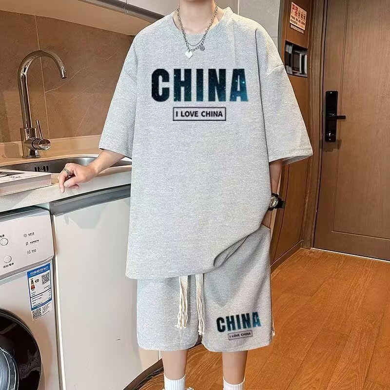 Camisas menos ropa verano para hombres nuevo waffle traje de manga corta deportes casuales de dos piezas en uno guapo y suelto