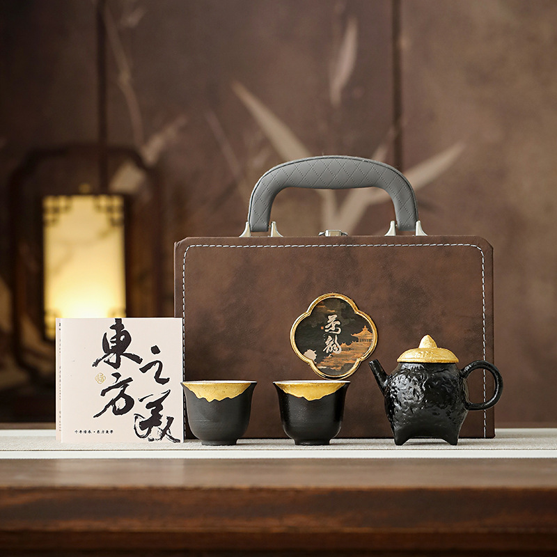 Handmade ceramic tea pot with gold plating, high-end gift set, one pot and two cups, ceramic lacquer tea set for elders and leaders Handmade ceramic tea pot with gold plating, high-end gift set, one pot and two cups, ceramic lacquer tea set for elders and leaders