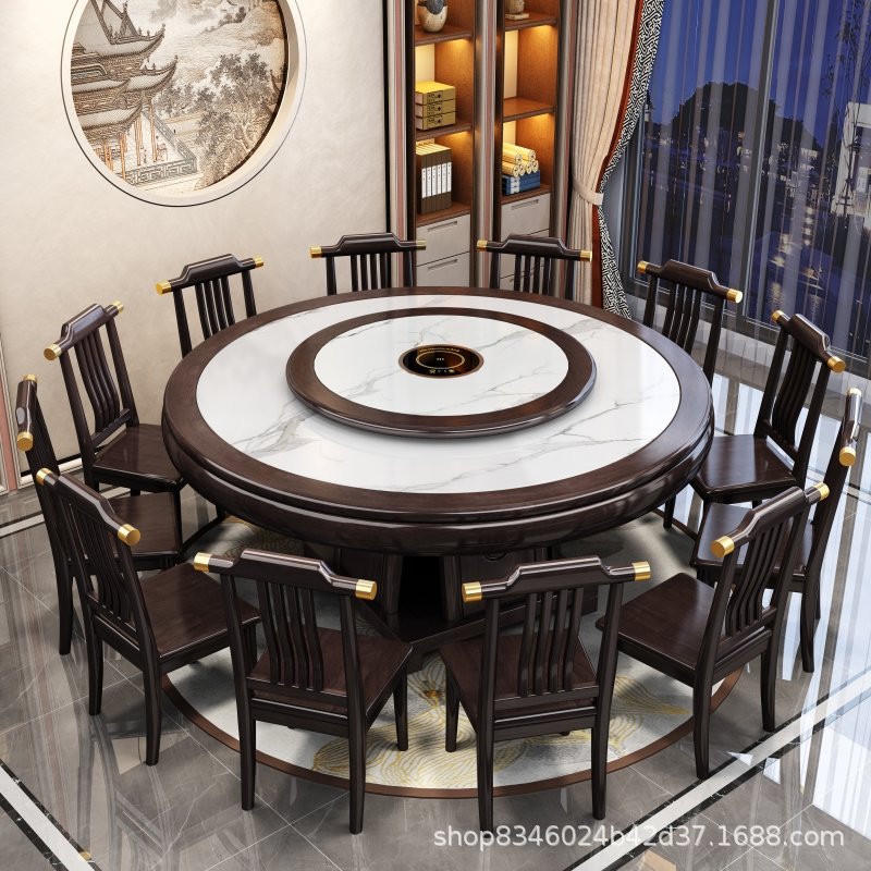 New Chinese Style Rock Plate Dining Table Round Table Solid Wood Turntable Dining Table and Chair Combination Modern Simple Household Restaurant Round Table