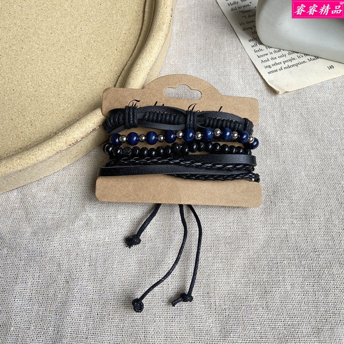 Beaded Black Men's Leather Bracelets mal...