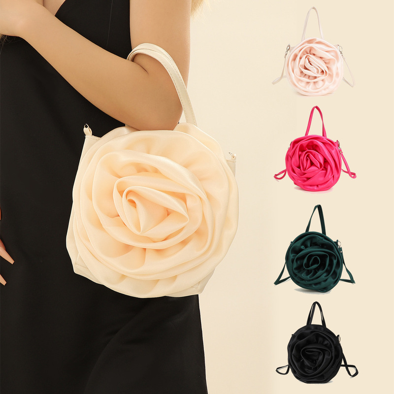 Cross-border New Cross-border Satin Stereo Rose Flower Shape Satchel Cross-body Party Wedding Women's Dinner Bag