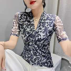 欧货洋气烫金网纱T恤女2022夏季设计感V领修身短袖小衫上衣实代发