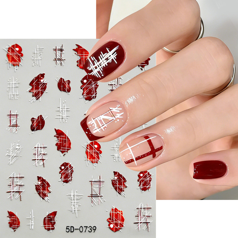 Ins-style 5D embossed red-brown abstract pattern white cross-line nail art stickers with an artistic vibe, self-adhesive