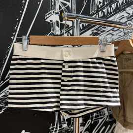 BM风高腰松紧裤拼色三粒扣条纹短裤女bm甜辣弹力四角裤运动热裤潮