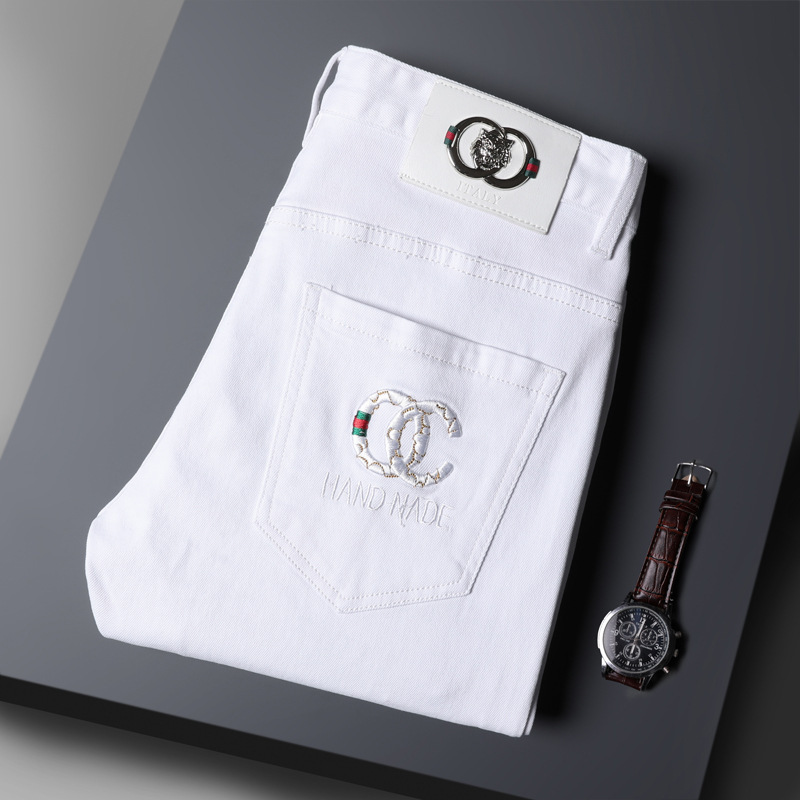 European Station Trendy White Jeans Men's Slim-Fitting Pants Autum New Stretch Cotton Elastic Versatile Long Pants