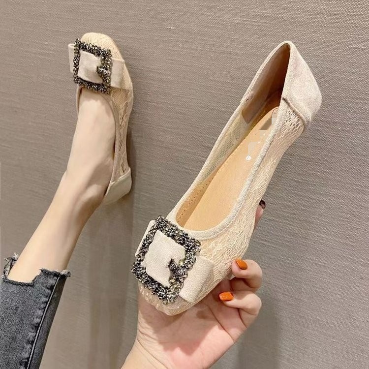 Zapatos de malla de encaje transpirables para mujeres 2026 verano superficial cabeza cuadrada de diamante para mujeres zapatos de suela suave zapatos de frijol