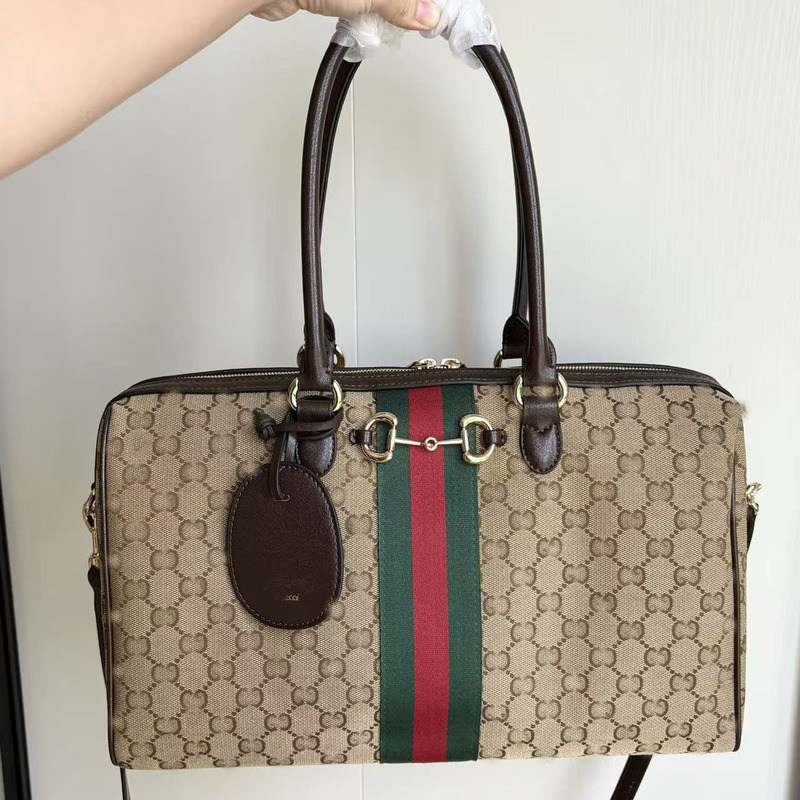 G Brand Borsetto Vintage Boston Bag with Horsebit Buckle, Genuine Leather, Large Capacity, Versatile Commuter Shoulder Bag for Women