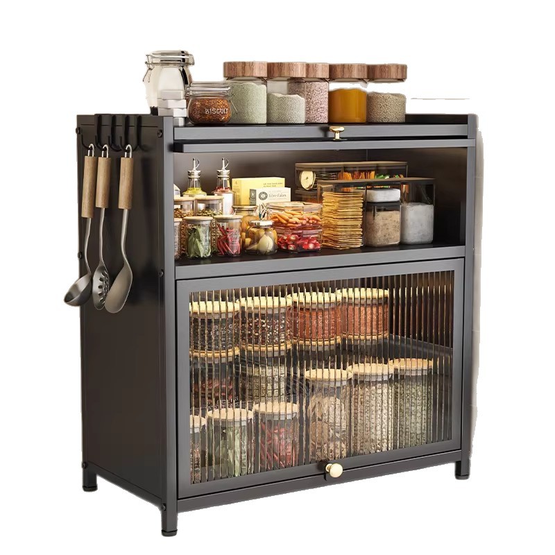 Estante de condimento de cocina estante de condimento multifuncional de mesa doméstico multicapa con puerta armario de almacenamiento a prueba de polvo armario de almacenamiento