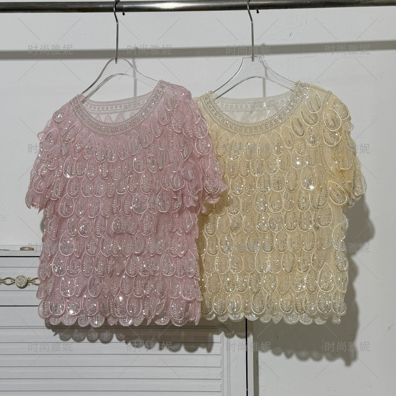 Fashionable Yani Lace Short-Sleeve Top for Women, Summer Pearl Sequin Embellished Versatile Slim-Fit Trendy Stylish Blouse Fashionable Yani Lace Short-Sleeve Top for Women, Summer Pearl Sequin Embellished Versatile Slim-Fit Trendy Stylish Blouse