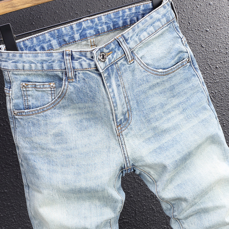 Men's Slim Fit Vintage Washed Blue Jeans Distressed Skinny Denim Pants Faded And Ripped Details Streetwear Style_voghion.com