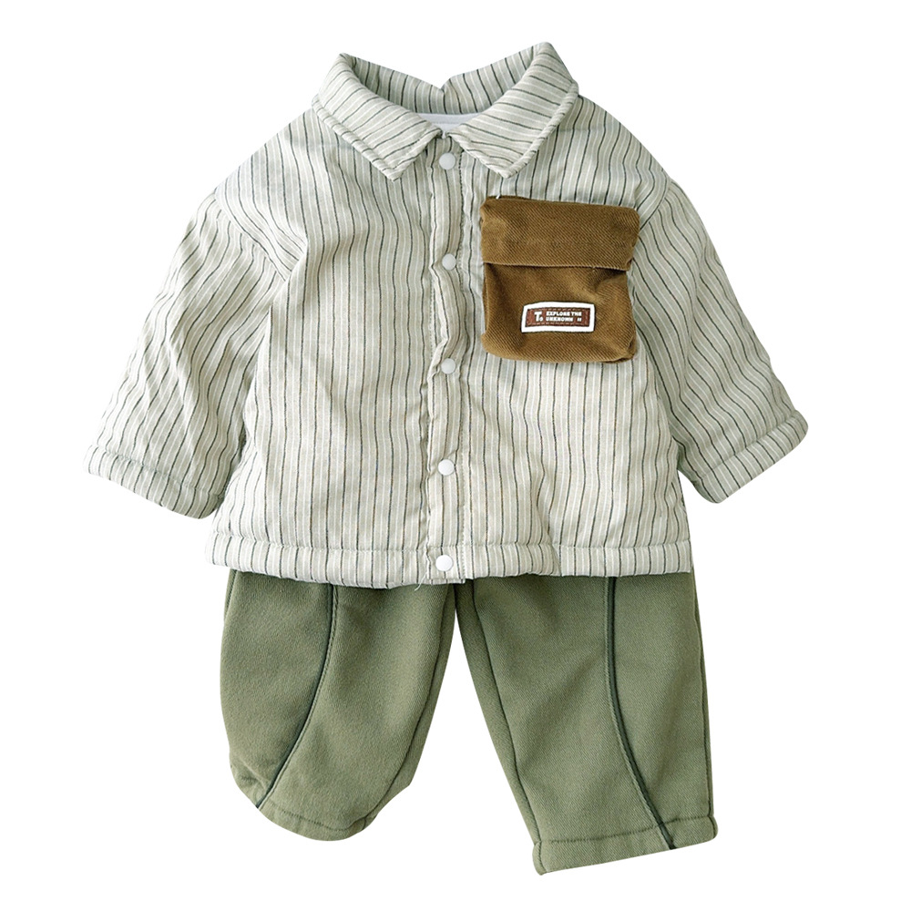 Ropa para niños coreanos estilo otoño e invierno abrigo acolchado a rayas para bebés más pantalones casuales de terciopelo traje de bebé de 1-3 años