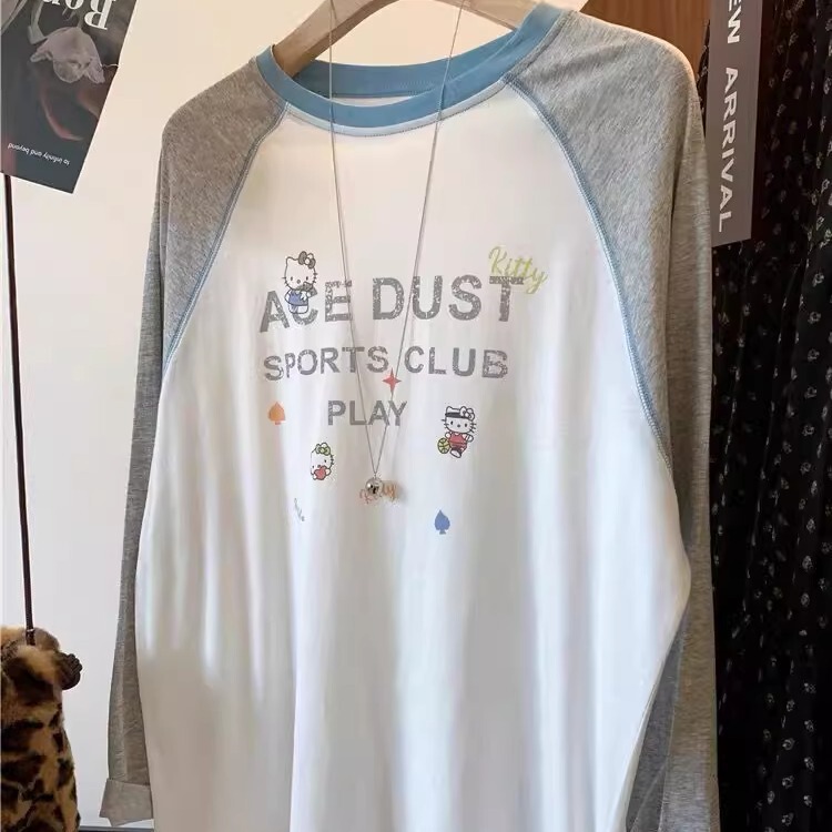 Plus Size 120kg Summer Snowflake Cotton Kitty Cat Loose Color Matching Raglan Long-Sleeved T-Shirt Loose Sun Protection Top for Women Plus Size 120kg Summer Snowflake Cotton Kitty Cat Loose Color Matching Raglan Long-Sleeved T-Shirt Loose Sun Protection Top for Women
