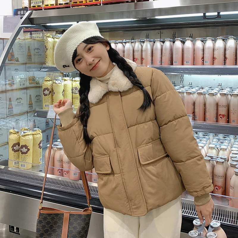 纯色毛毛绒翻领短款棉服外套女冬季新款高中生娃娃领加厚棉衣棉袄