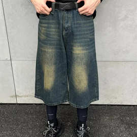 2025新潮牌夏季复古美式做旧牛仔短裤男女直筒宽松阔腿七分裤中裤