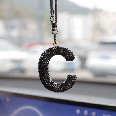 rhinestone car rearview mirror: Car hanging - c-black-letter-car-pendant