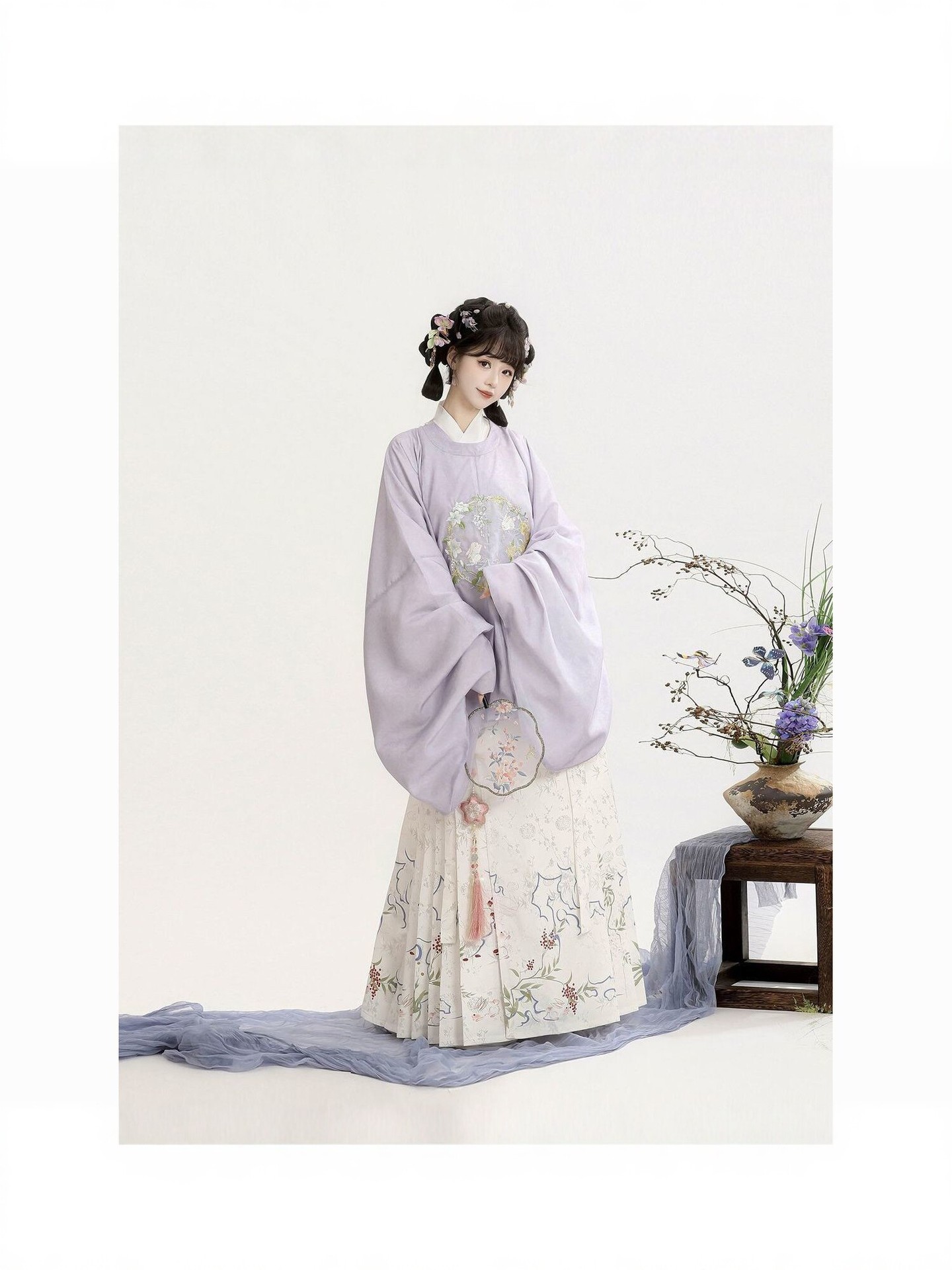 Original Authentic Ming-Style Hanfu for Female Students 【Moonlight Flower Sleep】Adult Embroidered Round-Neck Large-Collar Shirt and Mamian Skirt Set