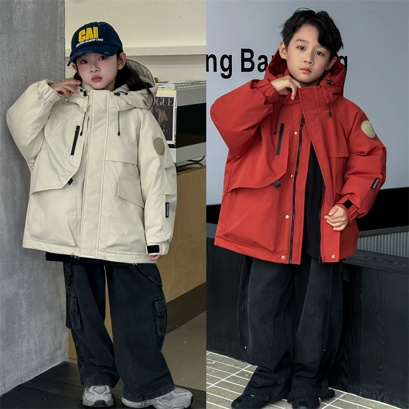 2025冬儿童工装羽绒服户外派克90白鸭绒男女童中大童连帽外套充绒