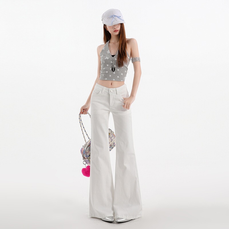 White low-waist micro-flare jeans for women, 2026 spring-summer new thin light blue pants, black denim similar style flared pants White low-waist micro-flare jeans for women, 2026 spring-summer new thin light blue pants, black denim similar style flared pants