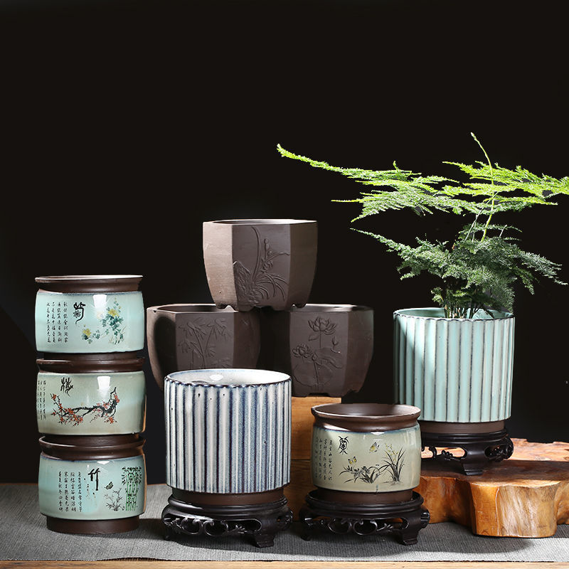 简约特价清仓花盆陶瓷多肉文竹盆栽复古兰花带拖摆件装饰紫砂