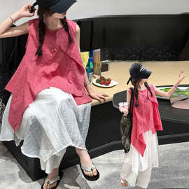 女童无袖叠穿夏装套装2026新款女孩大童夏季韩系背心阔腿裤两件套