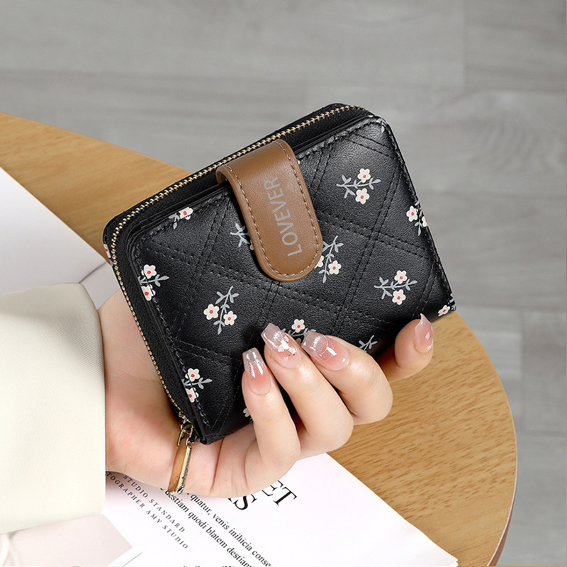 Nuevo estilo de alta gama, billetera de mujer transfronteriza pequeña y simple, bolso de tarjeta impreso corto, bolso de wallet, monedero con cremallera