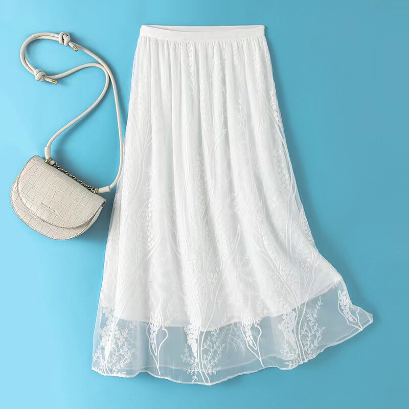 Mulberry Silk Heavy Industry Embroidered Silk A- line Summer Skirt Elasto Waist Solid Color Slimming Women's French Style Long Skirt