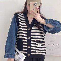 拼接牛仔条纹针织开衫女秋冬2025新款时尚百搭百搭长袖毛衣女潮
