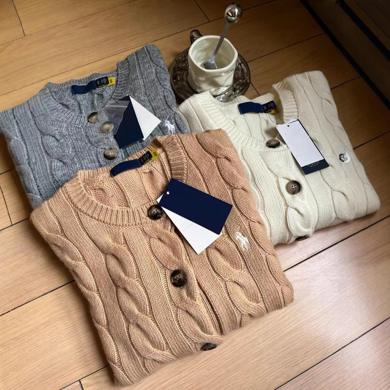 Rl Ralph Lauren Logo Embroidery Autumn and Winter Classic 80% Wool 20% Cashmere Cable Knit Cardigan Women's Top