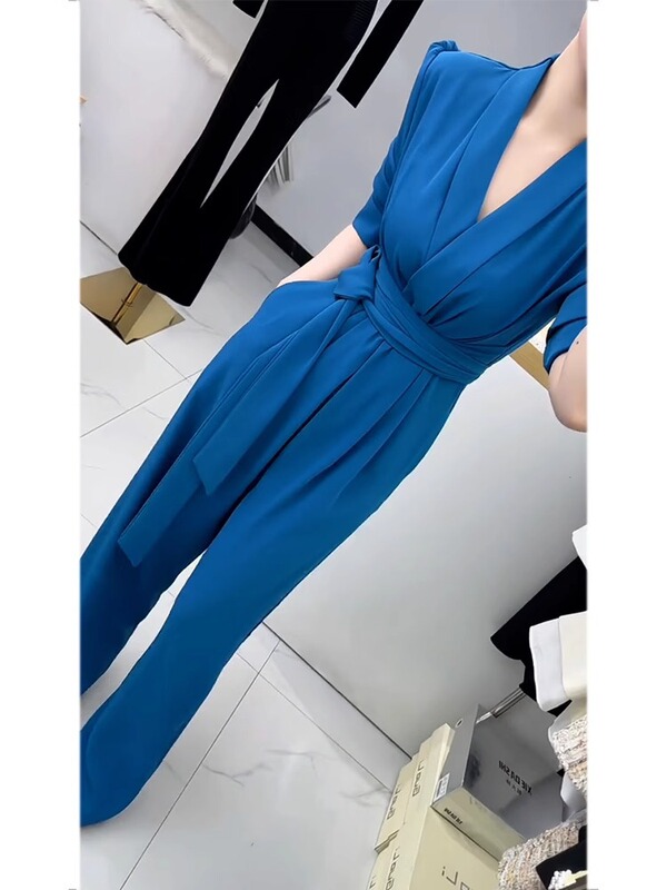 250459夏装高端网红连体裤气质优雅风高腰显瘦系带垂感修身连衣裤|undefined