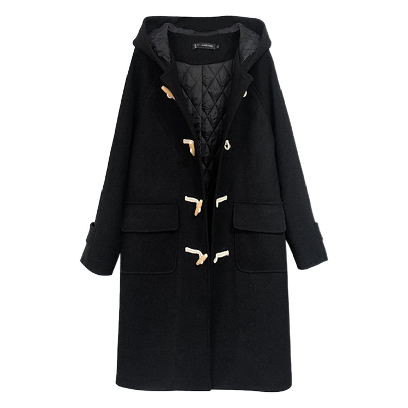 Ropa de talla grande para mujer para otoño e invierno, abrigo de lana acolchado grueso con elegantes botones de palanca y capucha, modelo 2651.