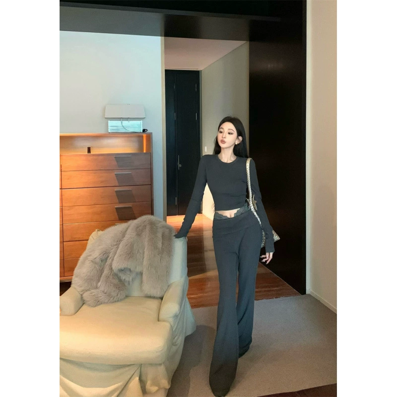 2025 женская одежда чистый темперамент кружевное сшивание дикие брюки топ набор из двух частей женская одежда