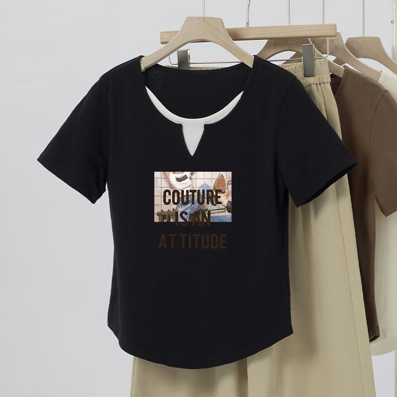 プラスサイズ 2025 アメリカンレトロお腹カバー半袖 Tシャツ女性の夏服太った女の子痩身 Tシャツ甘くてスパイシーなトップ|undefined