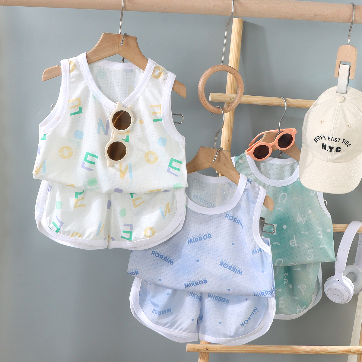 Children's Thin Cut Out Vest Suit Summer New Style Boys and Girls Baby Summer Mesh Breathable Sleeveless Two-Piece Set