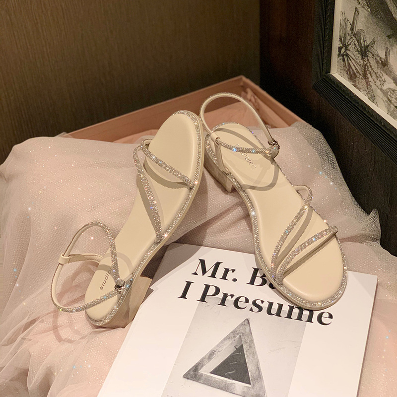 Grape Mom's Same Style 2025 Exquisite Sparkling Diamond One-Line Open-Toe Elegant Thick Heel Low Heel Sandals for Women Exquisite Diamonds