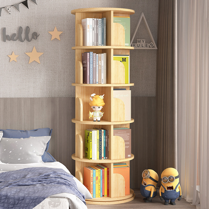 Solid Wood 360-Degree Rotating Bookshelf, Minimalist Living Room Space-Saving Shelf, Home Use Children's Floor Picture Book Stand