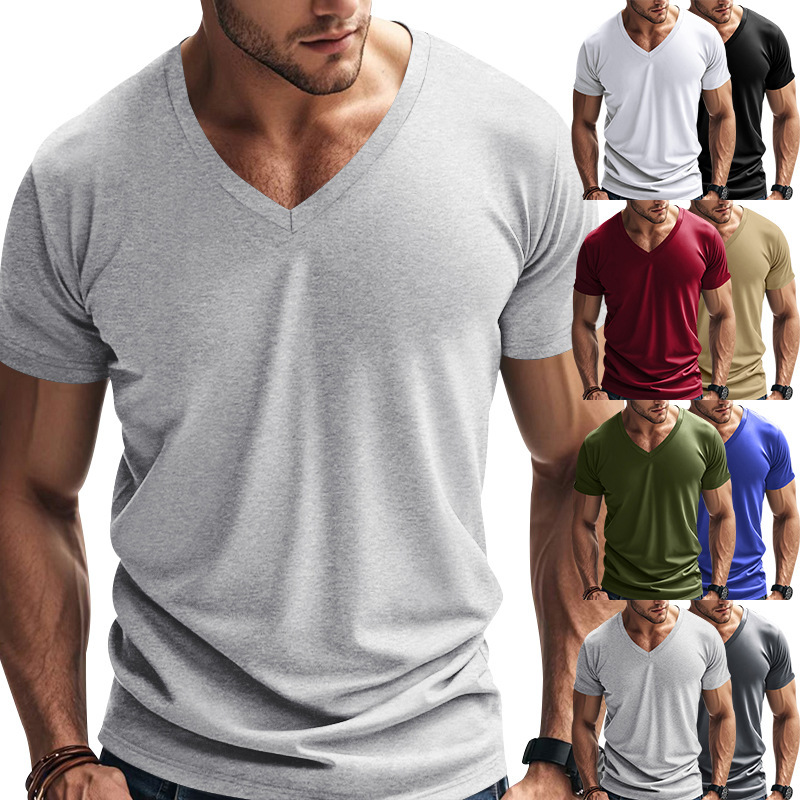 Cross-border Amazon American Spring and Summer Men's Fashion V-collar Quick-drying Breathable Casual Sports Personalized Short-sleeved T-shirt for Men