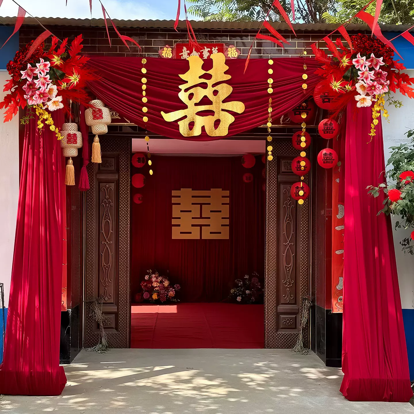 结婚装饰户外农村院子婚礼布置纱幔条幅拉花套装喜庆庭院大门挂饰