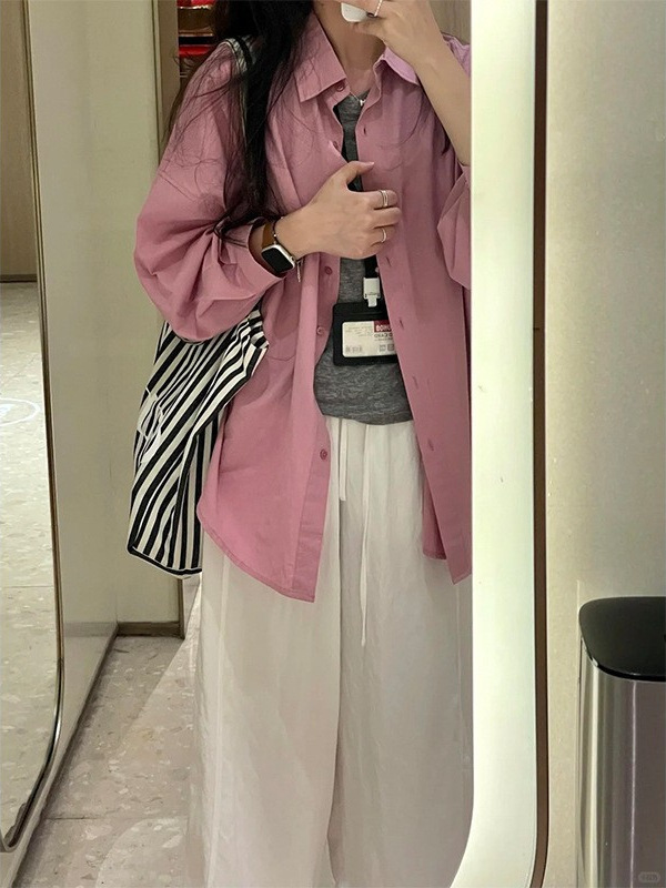 MISSMAR韩系树莓粉长袖衬衫女早秋新款薄款慵懒宽松休闲衬衣外套|undefined