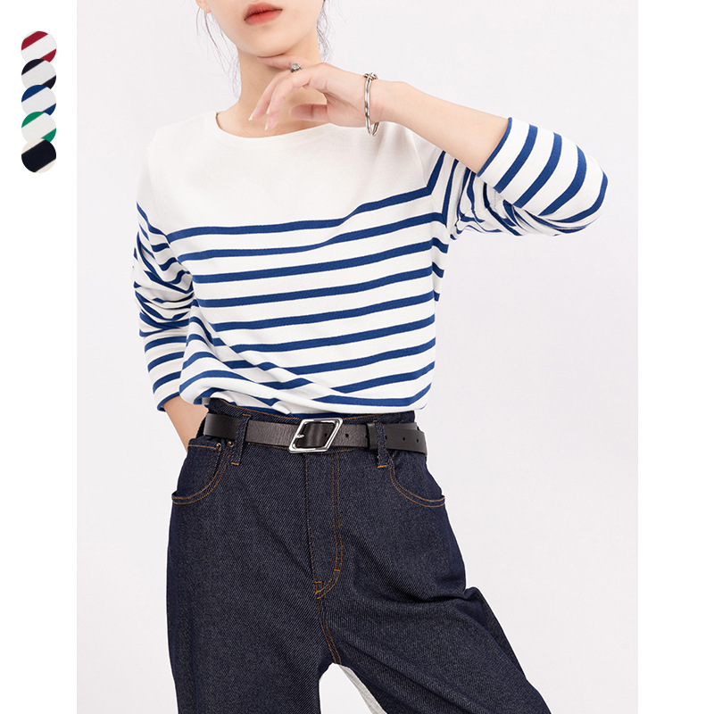 Suchi Cotton Stripesd T-Shirt Women's Classic Sea Soul Shirt Knitted Long-Sleeved T-Shirt Basic Inner Round Neck Work Clothing Top