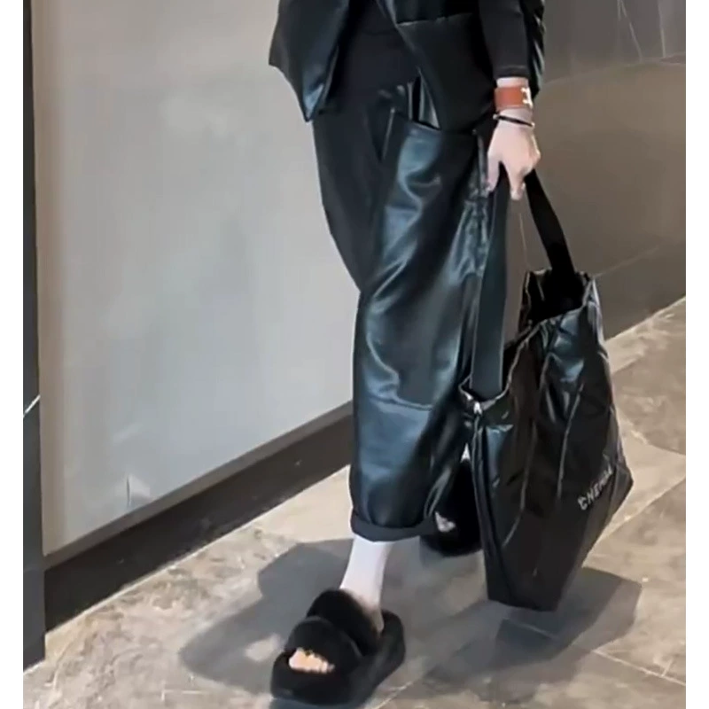 Европейские осенние и зимние брюки PU шаровары женские эластичная талия с большими карманами повседневные брюки свободные дикие промежностные брюки имитация кожаные девятицентные брюки