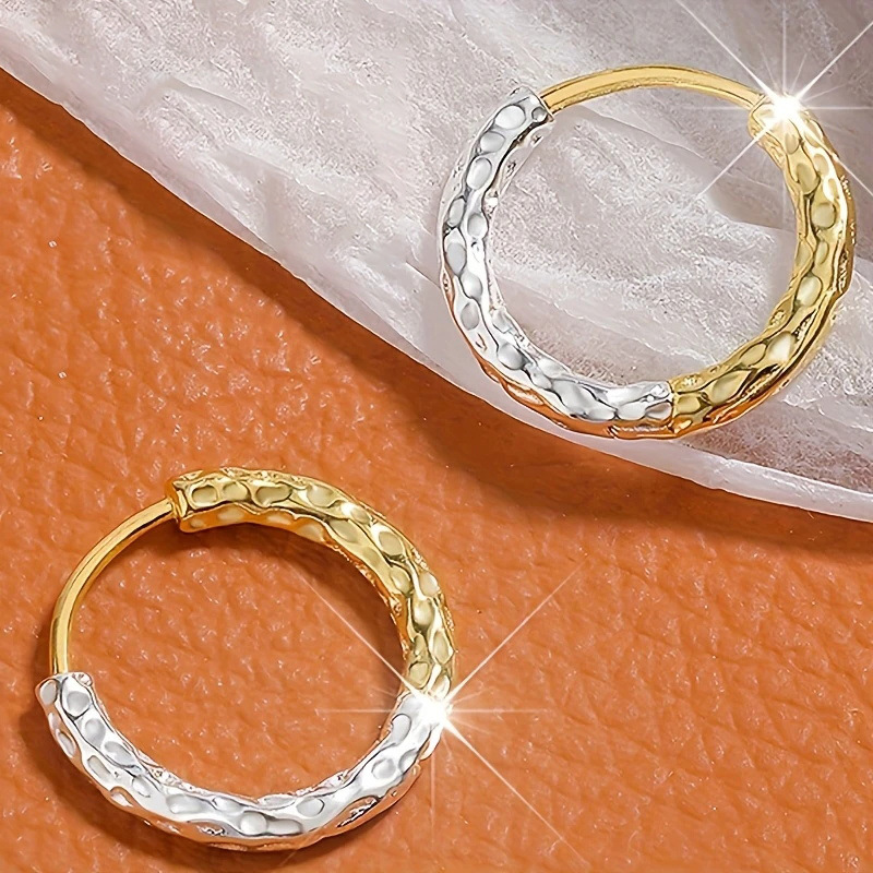 Cao Shi Foreign Trade European American High-End Gold Silver Two-Tone Textured Simple Earrings, Versatile And Stylish_voghion.com