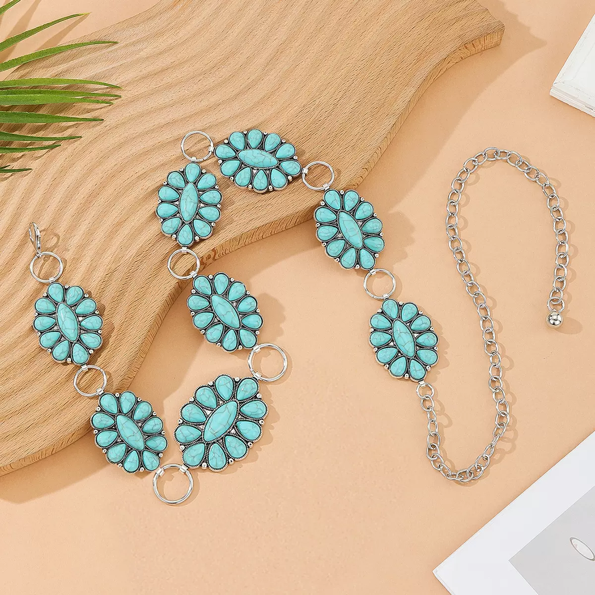 跨境椭圆形绿松石高级感女士时尚腰链 水滴宝石服装链条工厂直销